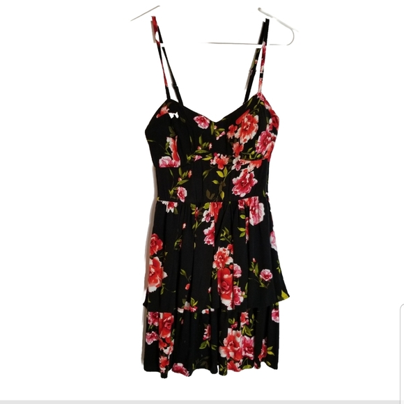 AUW Dress Junior's Medium Floral Spaghetti Straps Ruched Back Pad Cups Black Red - Picture 1 of 8